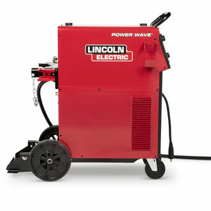 A side view of the Lincoln Power Wave 300C Advanced - K4488-1 welder in red, showing a large logo, top handle, vent panel, attached cables, two large black wheels, and two smaller white wheels.