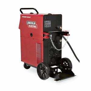 The Lincoln Power Wave 300C Advanced - K4488-1 is a red and black industrial welding machine on wheels with control panels, ventilation slots, a front cable, and a top handle, shown against a white background.