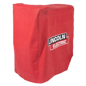 The Lincoln Power Wave 300C and Power MIG 260/360 MP Canvas Cover K3675-1 is a large red cover with a bold white-and-black “LINCOLN ELECTRIC” logo, durable visible seams, and fits securely over your compatible machinery.