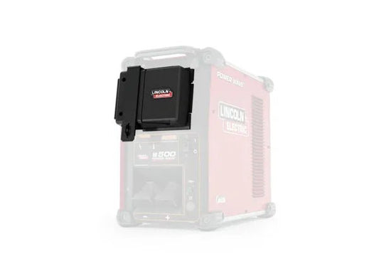 A black Lincoln Power Wave Connectivity Hub S350 S500 & R350 R450 R500 - K4884-1 is mounted on the upper left corner of a red welding machine, with the background faded and set against a clean white backdrop to highlight the hub.