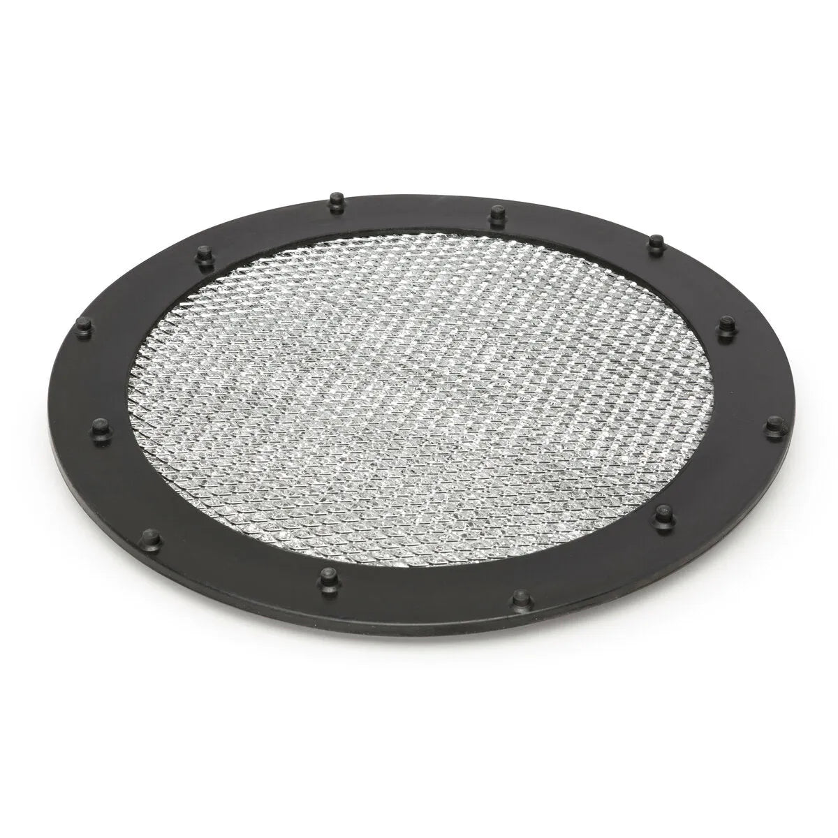 The Lincoln Pre-Filter, X-TractorMini KP2390-3 is a round metal screen with a black solid outer rim, evenly spaced bolts, and a tightly woven silver mesh center for effective washable filtration, held by a sturdy circular frame.