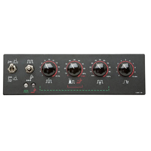 The Lincoln Precision 275 TIG Advanced Control Panel K2621-1 has five black, red-marked knobs, two toggle switches, two I/O jacks, and white waveform icons. Sections below the knobs show green lines, red symbols, numbers, and percentages.