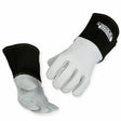 Lincoln Premium 7 Series Elkskin Stick/MIG Welding Gloves L K4787-L feature white elkskin leather fingers and palms, black cuffs with the Lincoln Electric logo in white, and are shown on a white background, one glove palm up, one palm down.