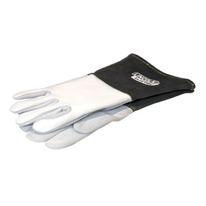 The Lincoln Premium 7 Series Elkskin Stick/MIG Welding Gloves L K4787-L feature heat-resistant white leather palms/fingers, black cuffs with a white logo, and are ideal for industrial MIG welding protection.