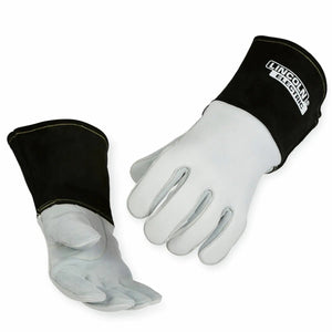 The Lincoln Premium 7 Series Elkskin Stick/MIG Welding Gloves XL (K4787-XL) are white leather gloves with black cuffs, reinforced fingers, thick stitching, and the Lincoln Electric logo—offering excellent heat resistance for welding.