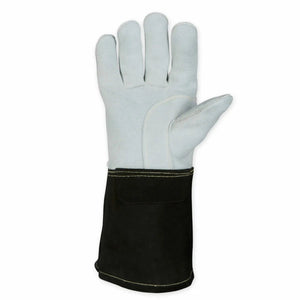 The Lincoln Premium 7 Series Elkskin Stick/MIG Welding Glove XL (K4787-XL) features a light gray leather hand and fingers, a long black cuff, reinforced stitching, and a heat-resistant design. The glove is shown upright with the palm slightly forward.
