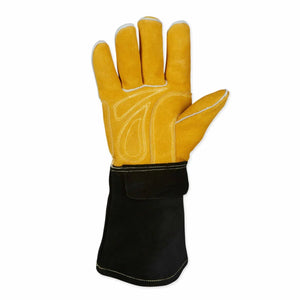 The Lincoln Premium 8 Series Elkskin Stick/MIG Welding Gloves K4788-M feature yellow leather, white stitching, and an extended black cuff for wrist/forearm protection. Shown palm forward with spread fingers, theyre thick, durable, and heat resistant for heavy-duty use.