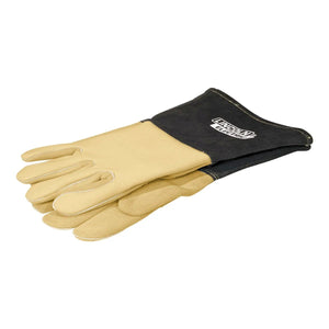 A pair of Lincoln Premium 8 Series Elkskin Stick/MIG Welding Gloves K4788-XL with tan leather fingers and palms, black extended cuffs, reinforced stitching, and a white cuff logo are stacked neatly against a white background.