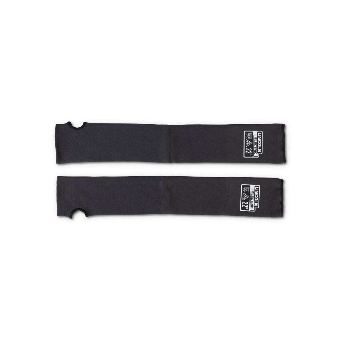 The Lincoln Premium A4 Cut Resistant FR Welding Sleeves K4890-ALL are a pair of black para-aramid sleeves, 22 inches long with slotted thumbs, stretch-fit cuffs and LINCOLN ELECTRIC labels.