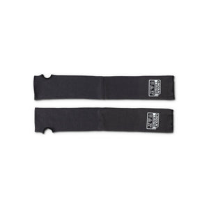The Lincoln Premium A4 Cut Resistant FR Welding Sleeves K4890-ALL are a pair of black para-aramid sleeves, 22 inches long with slotted thumbs, stretch-fit cuffs and LINCOLN ELECTRIC labels.