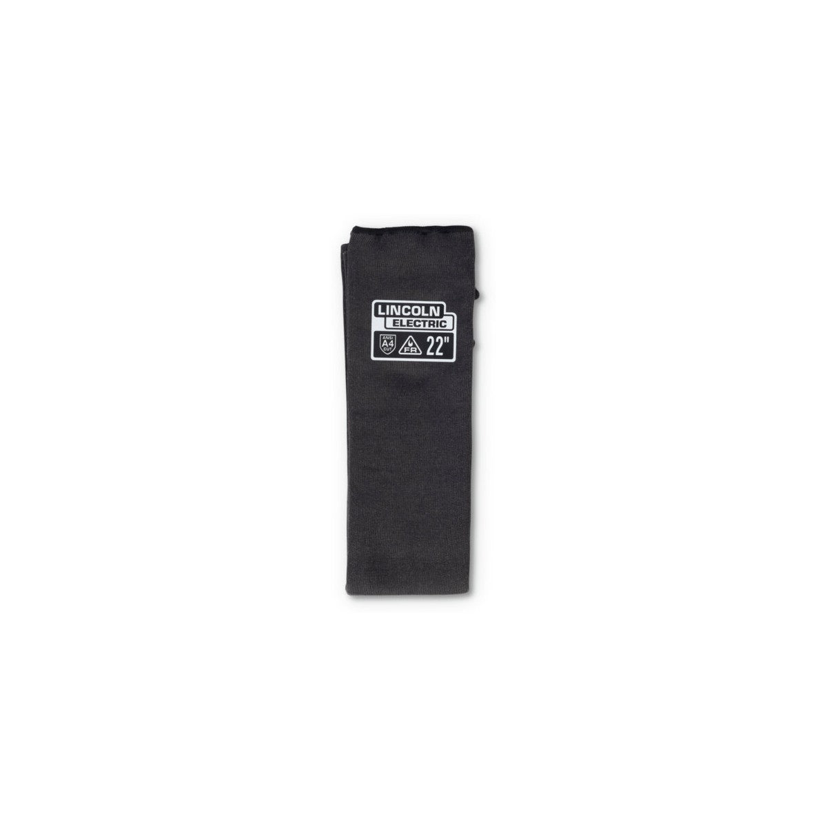 The Lincoln Premium A4 Cut Resistant FR Welding Sleeves K4890-ALL are a pair of black para-aramid sleeves, 22 inches long with slotted thumbs, stretch-fit cuffs and LINCOLN ELECTRIC labels.