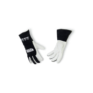 The Lincoln Premium A6 Cut TIG Welding Gloves 2XL K5536-2XL feature a black cowhide top hand, white goatskin palm and fingers, a keystone thumb, black cowhide safety cuffs, Kevlar stitching and LINCOLN ELECTRIC branding.