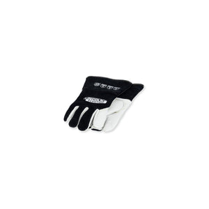 The Lincoln Premium A6 Cut TIG Welding Gloves L K5536-L feature a black cowhide top hand, white goatskin palm and fingers, a keystone thumb, black cowhide safety cuffs, Kevlar stitching and LINCOLN ELECTRIC branding.