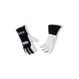 The Lincoln Premium A6 Cut TIG Welding Gloves M K5536-M feature a black cowhide top hand, white goatskin palm and fingers, a keystone thumb, black cowhide safety cuffs, Kevlar stitching and LINCOLN ELECTRIC branding.