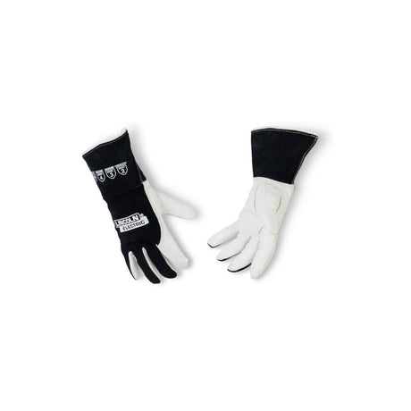 The Lincoln Premium A6 Cut TIG Welding Gloves M K5536-M feature a black cowhide top hand, white goatskin palm and fingers, a keystone thumb, black cowhide safety cuffs, Kevlar stitching and LINCOLN ELECTRIC branding.