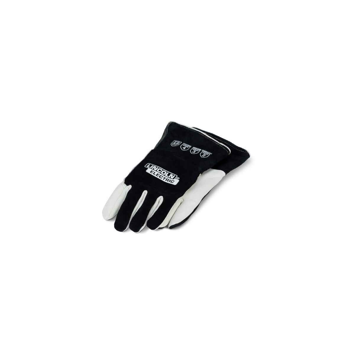 The Lincoln Premium A6 Cut TIG Welding Gloves XL K5536-XL feature a black cowhide top hand, white goatskin palm and fingers, a keystone thumb, black cowhide safety cuffs, Kevlar stitching and LINCOLN ELECTRIC branding.