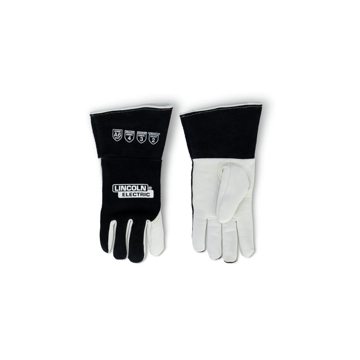 The Lincoln Premium A6 Cut TIG Welding Gloves XL K5536-XL feature a black cowhide top hand, white goatskin palm and fingers, a keystone thumb, black cowhide safety cuffs, Kevlar stitching and LINCOLN ELECTRIC branding.