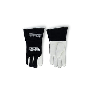 The Lincoln Premium A6 Cut TIG Welding Gloves XL K5536-XL feature a black cowhide top hand, white goatskin palm and fingers, a keystone thumb, black cowhide safety cuffs, Kevlar stitching and LINCOLN ELECTRIC branding.