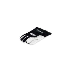 The Lincoln Premium A6 Cut TIG Welding Gloves XL K5536-XL feature a black cowhide top hand, white goatskin palm and fingers, a keystone thumb, black cowhide safety cuffs, Kevlar stitching and LINCOLN ELECTRIC branding.