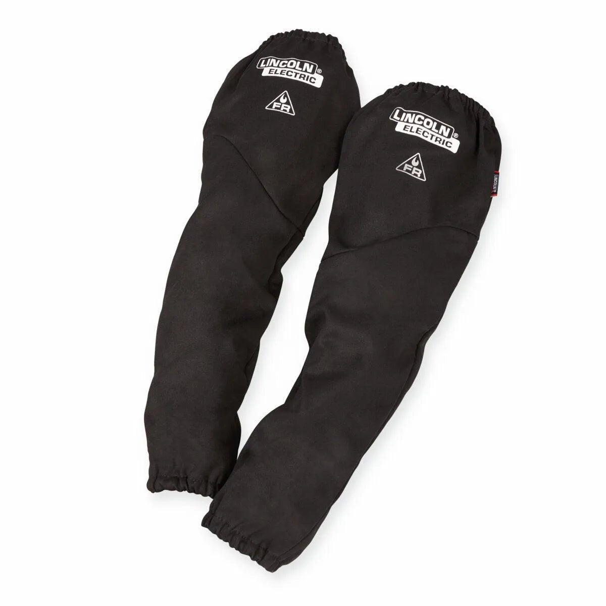 Two Lincoln K4828-ALL Premium Flame Retardant Welding Sleeves w/ Knit Liner 21, black with white Lincoln logo and certification near the top. Both have elastic at wrists and upper arms, shown against a white background.