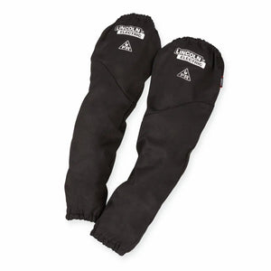 Two Lincoln K4828-ALL Premium Flame Retardant Welding Sleeves w/ Knit Liner 21, black with white Lincoln logo and certification near the top. Both have elastic at wrists and upper arms, shown against a white background.
