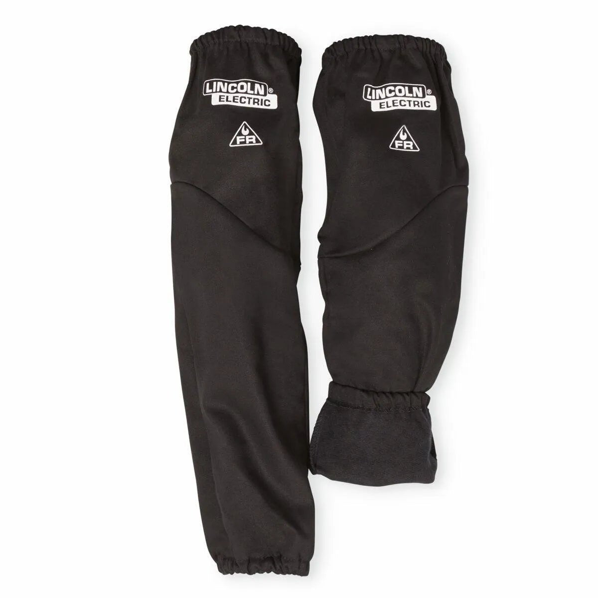 The Lincoln K4828-ALL Premium Flame Retardant Welding Sleeves w/ Knit Liner 21 are crafted from flame-resistant fabric, feature elastic bands at both ends, and display the Lincoln Electric logo with an FR symbol near the top.