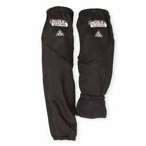 The Lincoln K4828-ALL Premium Flame Retardant Welding Sleeves w/ Knit Liner 21 are crafted from flame-resistant fabric, feature elastic bands at both ends, and display the Lincoln Electric logo with an FR symbol near the top.
