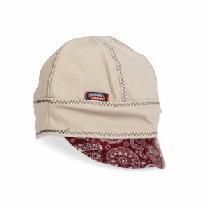Lincoln Premium FR Welding Cap in khaki with red paisley liner - three-quarter view