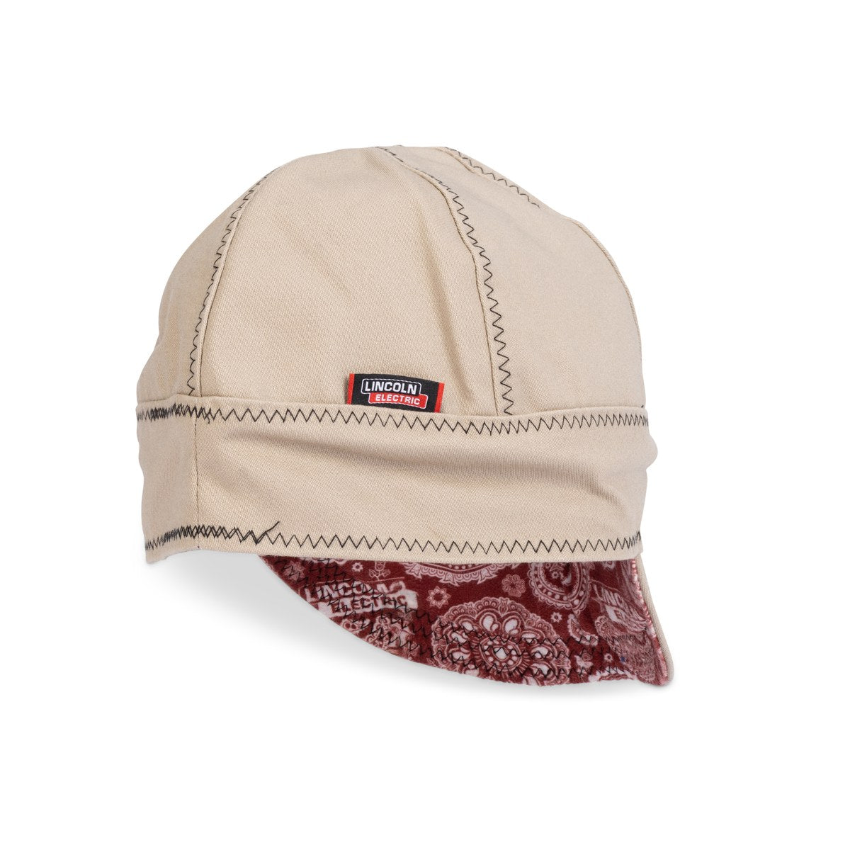 Lincoln Premium FR Welding Cap in khaki with red paisley liner - side profile