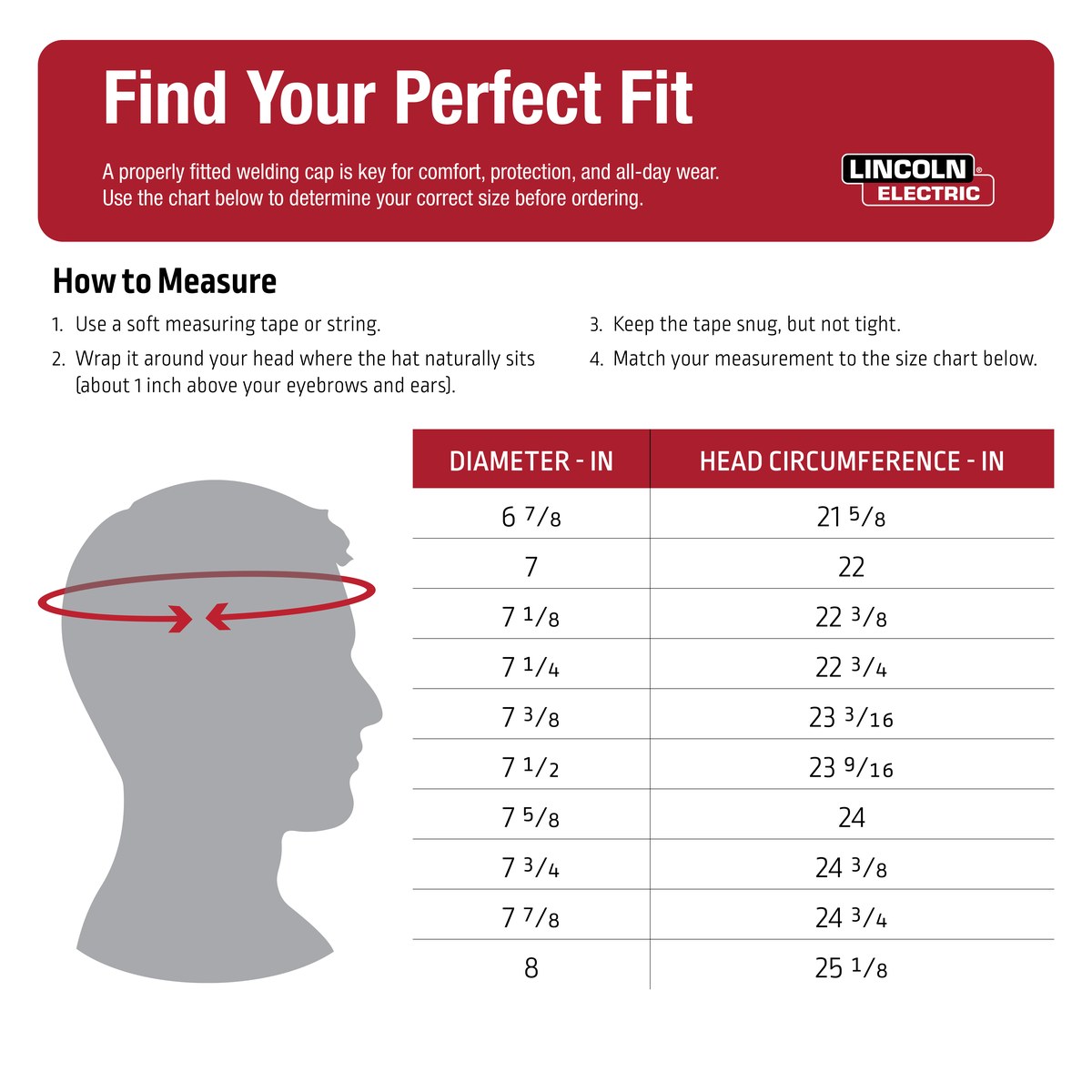 Lincoln Premium FR Welding Cap in khaki with red paisley liner - head size chart