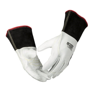 The Lincoln Premium Leather TIG Welding Gloves XL (K2983-XL) feature black cuffs, red stitching, reinforced palms and fingers, and the Lincoln Electric logo on the back, arranged as if one hand is about to shake the other.