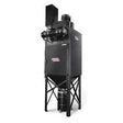 The Lincoln Prism Central System 10 HP (3900 CFM) 4 Vertical Filter Fume Extraction Unit AD1326-18 is a large black dust collector with four metal legs, tall rectangular body, cylindrical top filter, dual air inlets, and collection bin.