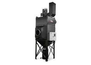 The Lincoln Prism Central System 10 HP (3900 CFM) AD1326-18 is a tall, black fume extraction unit with 4 vertical filters, rectangular body, left cylindrical intake, right control box, slanted funnel base, and top exhaust—ideal for plasma cutting.