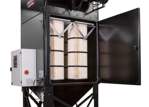 The Lincoln Prism Central System 5 HP (2750 CFM) AD1326-17, a black fume extraction unit for plasma cutting or robotic welding, shows four vertical cylindrical filters with black bands and a left-side control panel when its door is open.