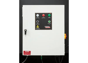 The Lincoln Prism Central System 5 HP (2750 CFM) 4 Vertical Filter Fume Extraction Unit AD1326-17 features a white control panel with black display, four function buttons, door handle, safety warnings, yellow caution sign, and the Lincoln Electric logo.