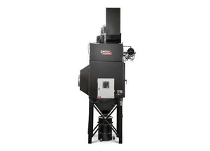 The Lincoln Prism Central System 5 HP (2750 CFM) AD1326-17 is a tall, industrial black fume extraction unit with a front control panel, cylindrical base canister, sturdy legs, vents and cables. Designed for robotic welding. White background.