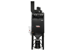 The Lincoln Prism Central System 5 HP (2750 CFM) 4 Vertical Filter Fume Extraction Unit AD1326-17 is a tall, black machine with a boxy body, cylindrical exhaust pipe, left-side control panel, angled legs, and hopper underneath.
