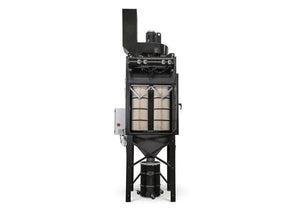 The Lincoln Prism Central System 5 HP (2750 CFM) AD1326-17 is a large, black fume extraction unit with four legs, a front window showing four vertical filters, a side-mounted white control box with wires, and an exhaust duct on top.
