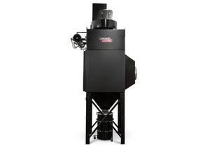 The Lincoln Prism Central System 5 HP (2750 CFM), AD1326-17, is a large black fume extraction unit for plasma cutting and robotic welding, featuring four vertical filters, a central control unit, vents, and ducts on four sturdy legs.