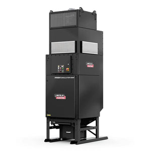 The Lincoln Prism Circulator 4000, 230V Input, Nano Filter K5140-2 is a tall black welding fume extractor with control panel, vents, filters, metal legs for support, air filtration sections, and two Lincoln Electric logos on the front panels.