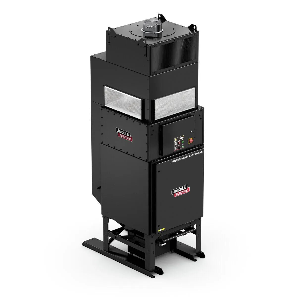 The Lincoln Prism Circulator 4000, 230V Input, Nano Filter K5140-2 is a tall black industrial fume extractor with vents, control panel, side handles, and sturdy frame featuring multiple compartments for efficient air filtration.