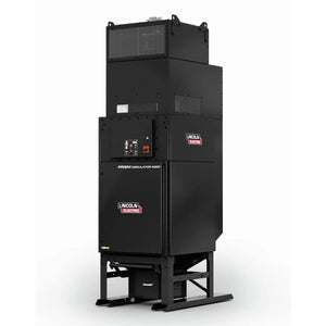 The Lincoln Prism Circulator 4000, 480V Input, Nano Filter K5140-1 is a tall black industrial machine with Lincoln Electric logos, front control panel, vents and grilles for powerful ambient air filtration in welding fume extraction.
