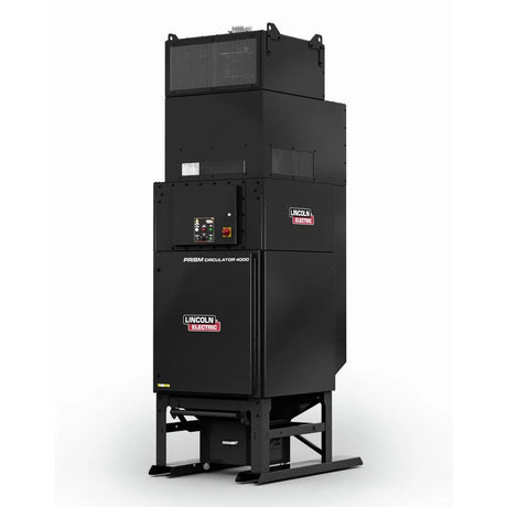 The Lincoln Prism Circulator 4000, 480V Input, Nano Filter K5140-1 is a tall black industrial machine with Lincoln Electric logos, front control panel, vents and grilles for powerful ambient air filtration in welding fume extraction.