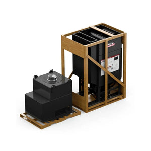 The Lincoln Prism Circulator 4000, 480V Input, Nano Filter K5140-1—a large black industrial air filtration unit with vents and a fan—sits in a wooden shipping frame beside a matching black rectangular unit on a pallet against a white background.