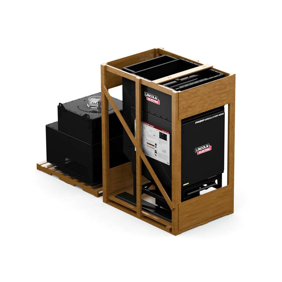 A large, black Lincoln Prism Circulator 4000 (480V Input, Nano Filter K5140-1) for welding fume extraction sits partially in a wooden crate next to another machine part on a pallet, all set against a white background.