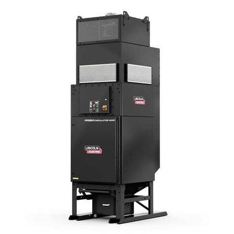 The Lincoln Prism Circulator 4000, 480V Input, PTFE Filter K5140-3 is a tall black welding fume extractor with a control panel, vents, and stacked sections on a metal frame and legs for efficient dust and fume filtration.