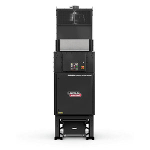 The Lincoln Prism Circulator 4000, 480V Input, PTFE Filter K5140-3 is a tall black industrial fume extractor with control buttons, display panel, gridded vent, PTFE filter section, sturdy legs, and a base collection bin.