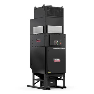 A large black Lincoln Prism Circulator 4000 (480V, PTFE Filter K5140-3) stands on metal legs with a control panel and vents. Its sturdy, boxy vertical design ensures effective industrial air filtration.