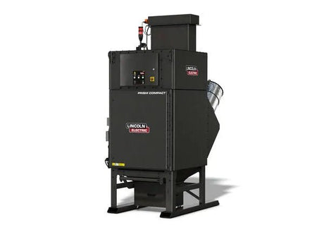 The Lincoln Prism Compact Outdoor (10 HP 4000 CFM) AD2455-10 fume extraction unit features an inlet up, control panel, warning labels, and four vertical filters for efficient air filtration; shown on legs against a plain white background.