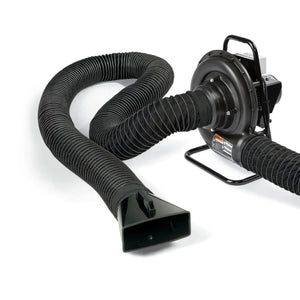 The Lincoln Prism Direct Exhaust Fan (115V) K1666-3 is a black industrial portable blower with a flexible hose and wide nozzle, handle on top, power cord, warning labels, and delivers up to 765 CFM airflow for welding fume exhaust.